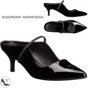 SIGERSON MORRISON Beryl Mule Pumps Ponted Toe Black Patent Leather Heeled Shoes